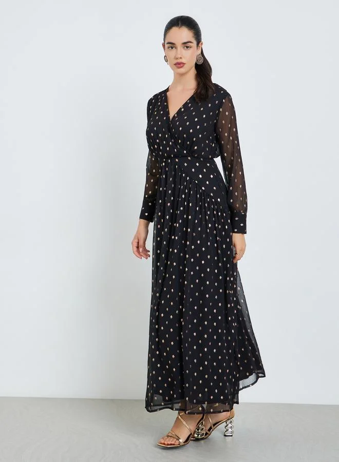 ستايلي فستان طويل نسائي واسع بحافة واسعة وطبعة رقائق ذهبية